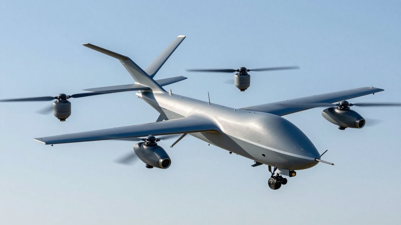 Blue UAS drones in flight formation.