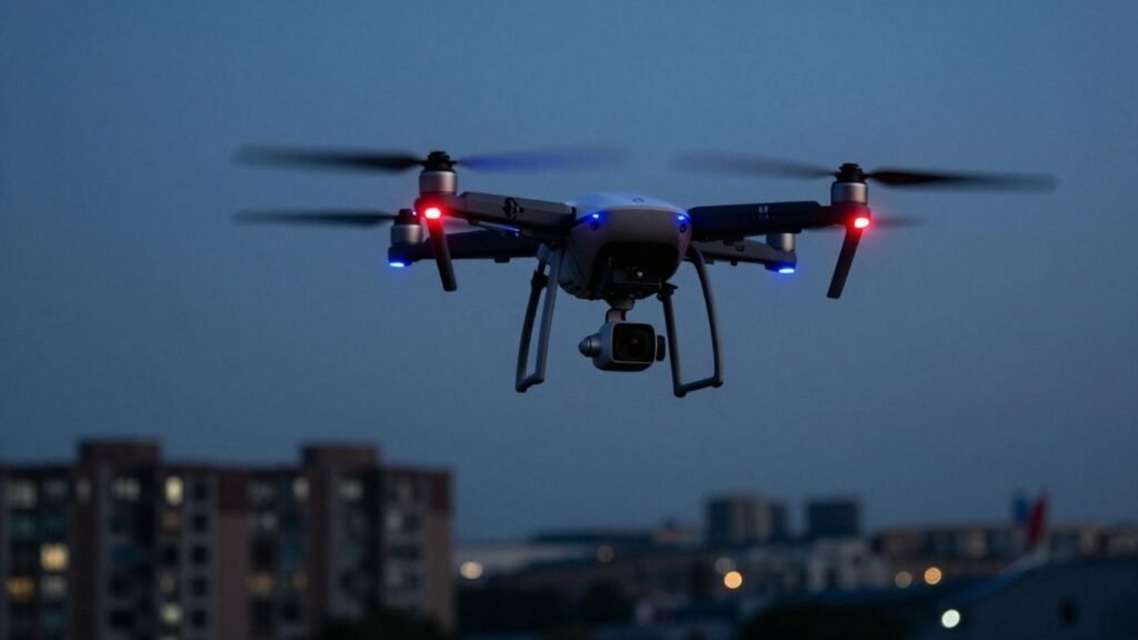 Police drone flying over city skyline at dusk.