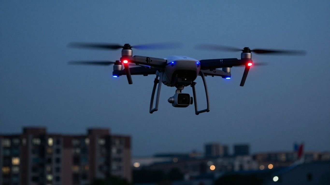 Police drone flying over city skyline at dusk.