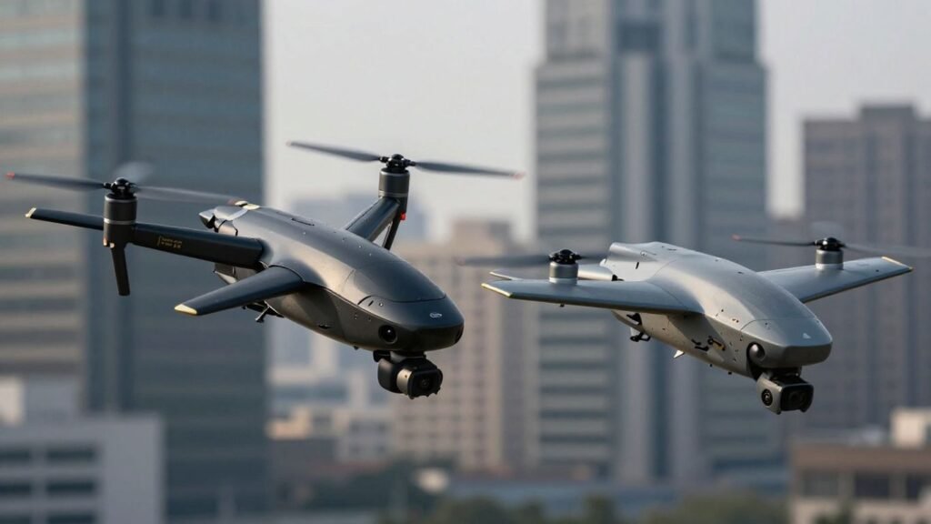 Two drones in aerial combat over a city.
