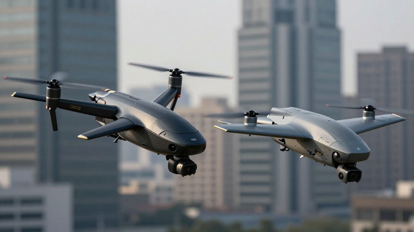 Two drones in aerial combat over a city.
