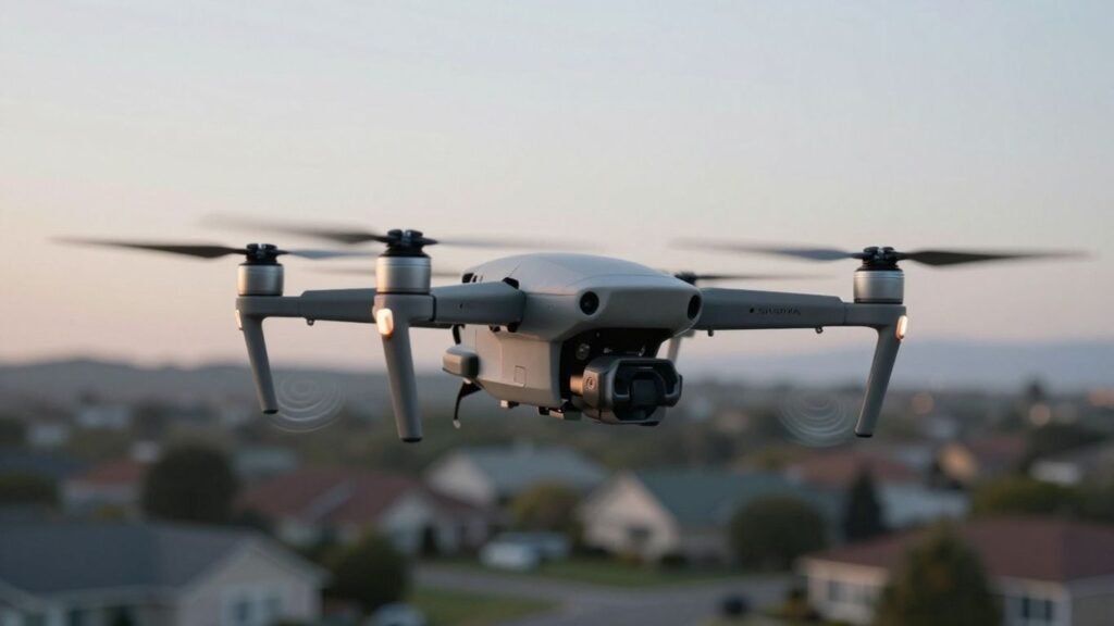 Drone with quiet propellers in a neighborhood.