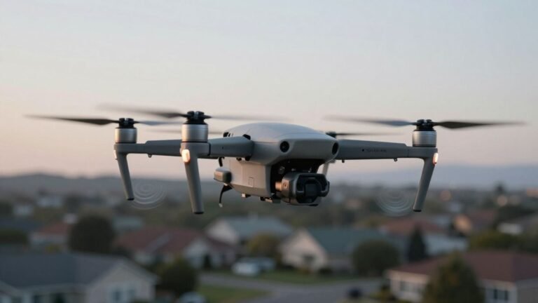 Drone with quiet propellers in a neighborhood.