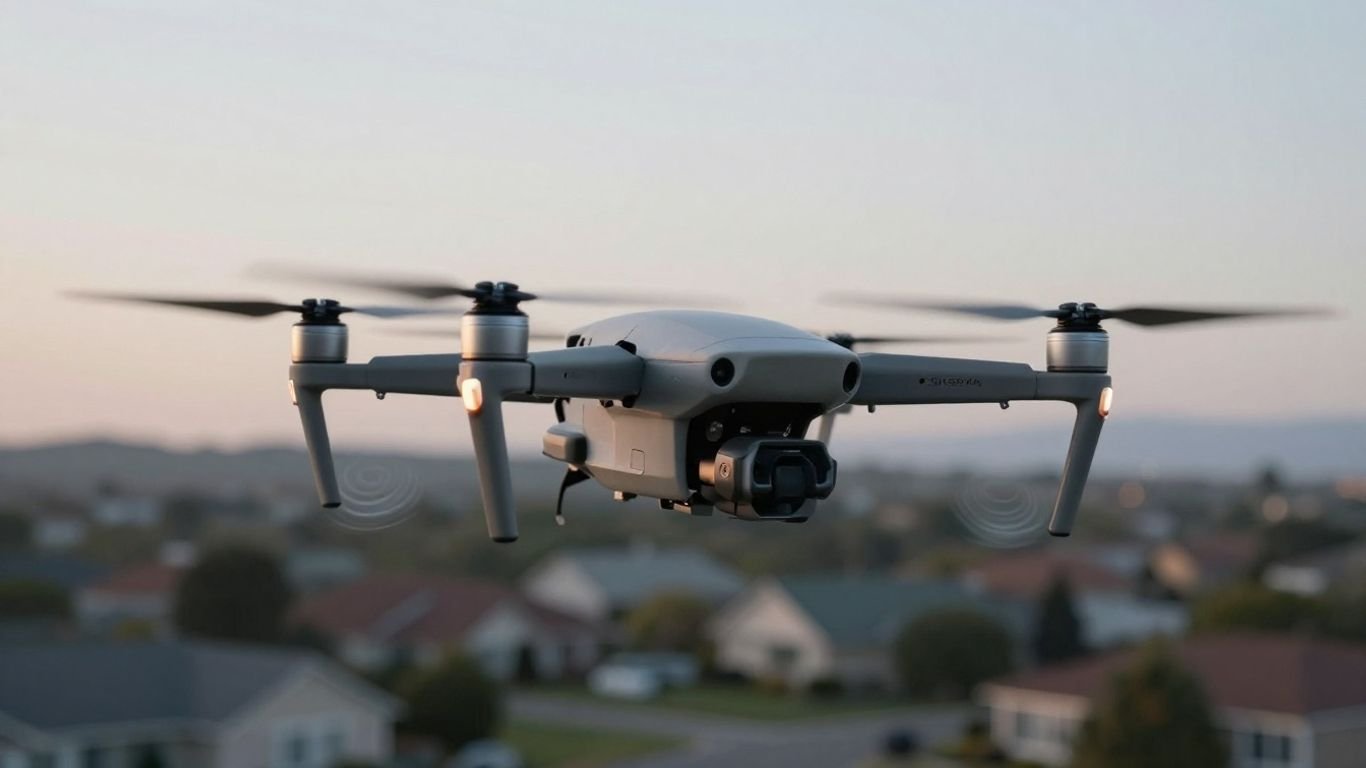 Drone with quiet propellers in a neighborhood.